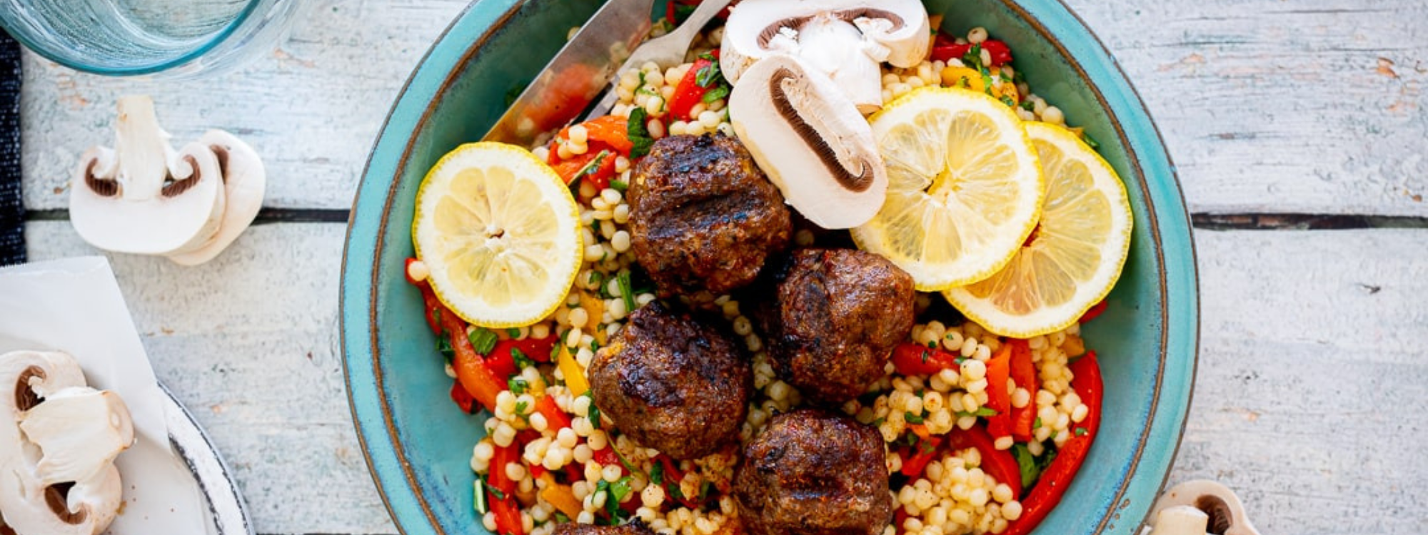 Beef & Mushroom Blended Harissa Meatballs with Roasted Pepper Couscous Salad_summeredition72