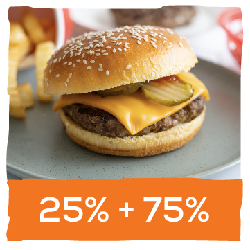 25% mushrooms + 75%
mince forms juicy and
delicious meaty flavoured
meals, that stay together.