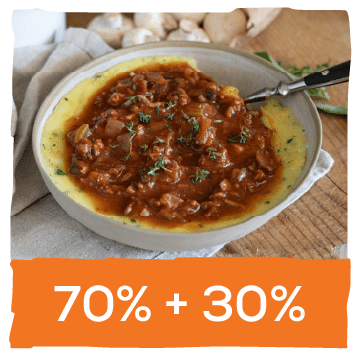 70% mushrooms + 30%
mince makes a delicious
blend for meaty flavoured
meals with lots of sauce.