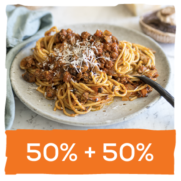 50% mushrooms + 50%
mince is the healthiest
blend for tasty loose meat
dishes.