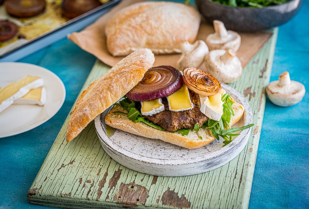 Beef and Mushroom Blended Caramelised Onion Rings, Rocket and Camembert Cheese Burger | Blenditarian